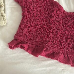 Free People Red Smocked Ruffle Blouse Short Sleeve